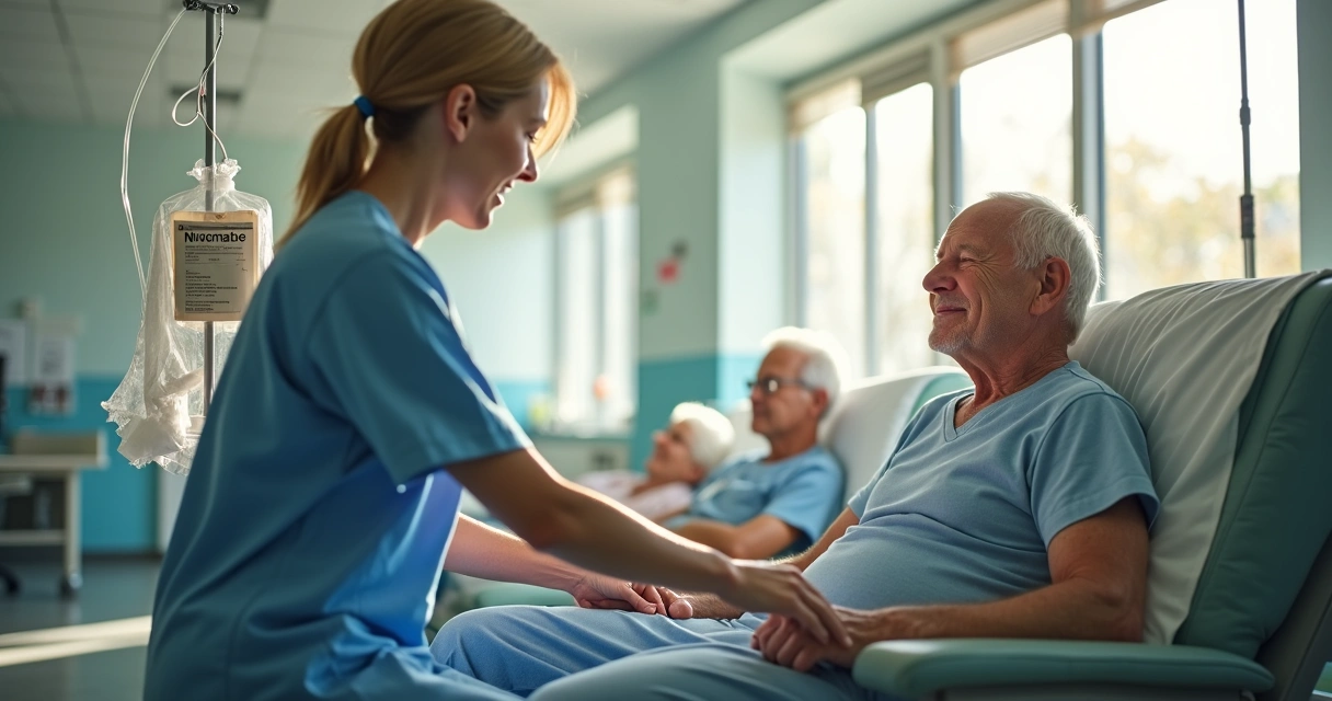 Paciente recebendo imunoterapia Nivolumabe em hospital 