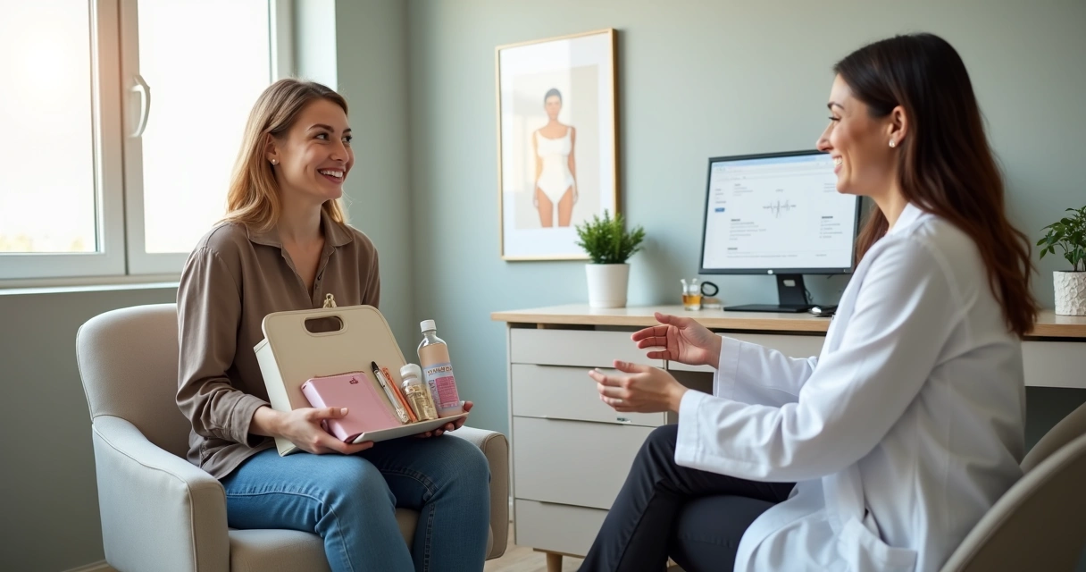 Paciente recebendo kit personalizado de saúde em consultório moderno 