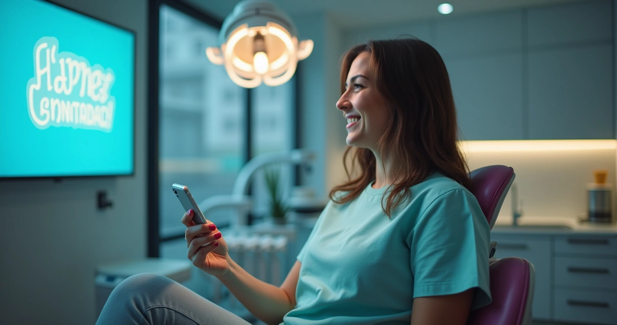 Paciente sorridente lendo mensagem de aniversário em consultório 