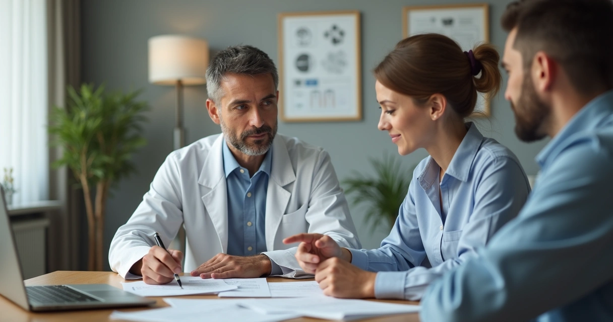 Paciente recebendo orientação sobre benefícios legais para câncer com profissional de saúde e documentos na mesa 