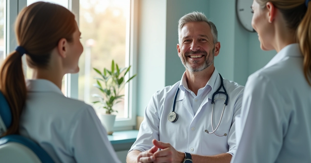 Paciente sorridente recebendo atendimento personalizado em clínica odontológica, equipe interagindo de forma acolhedora 
