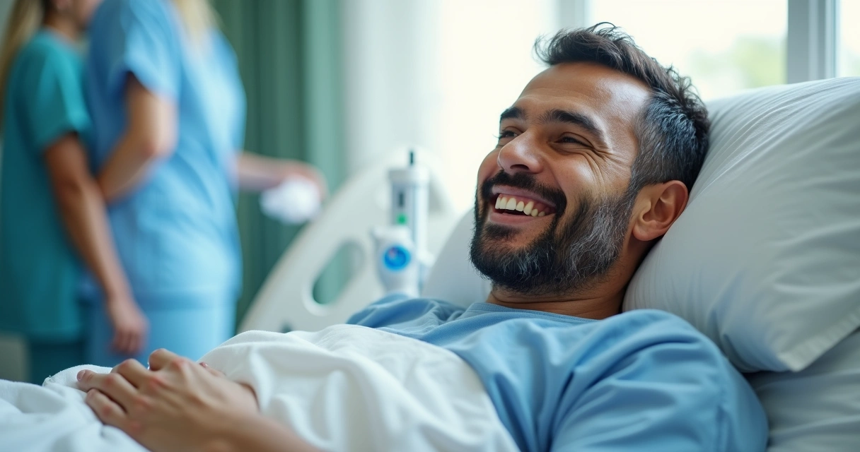 Paciente sorrindo e descansando em leito hospitalar após cirurgia 