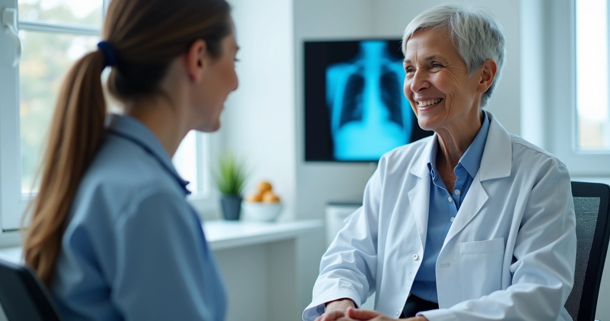 Mulher sorrindo após tratamento do pulmão em consultório. 