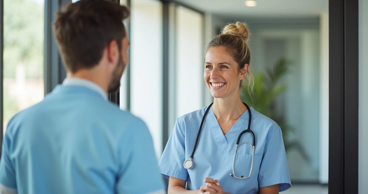 Paciente sorridente retornando à clínica odontológica sendo recebido por dentista 