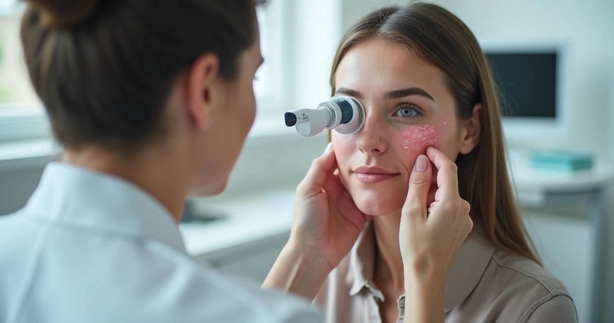 Paciente com rosácea sendo avaliado em consulta dermatológica 