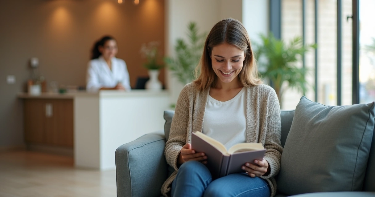 Paciente em sala de espera de clínica odontológica confortável 