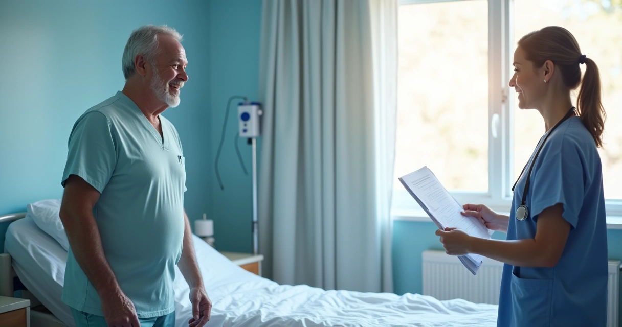 Paciente recebendo alta após cirurgia com sorriso no rosto 