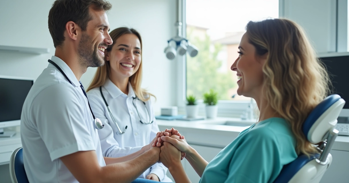 Paciente e equipe de clínica odontológica demonstrando satisfação 