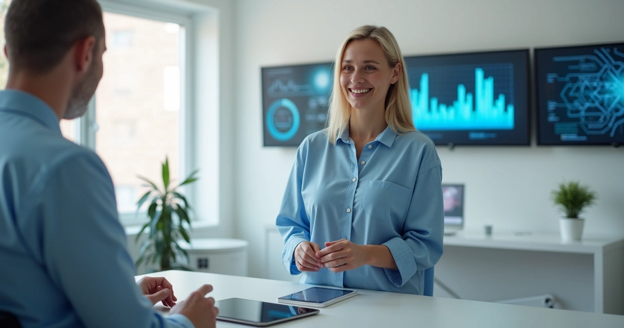Paciente sorrindo após consulta automatizada em clínica moderna 