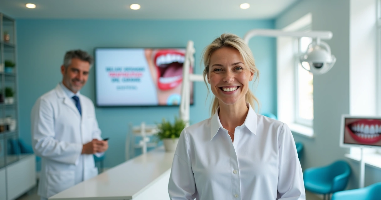 Paciente satisfeito dando depoimento em recepção de clínica odontológica 