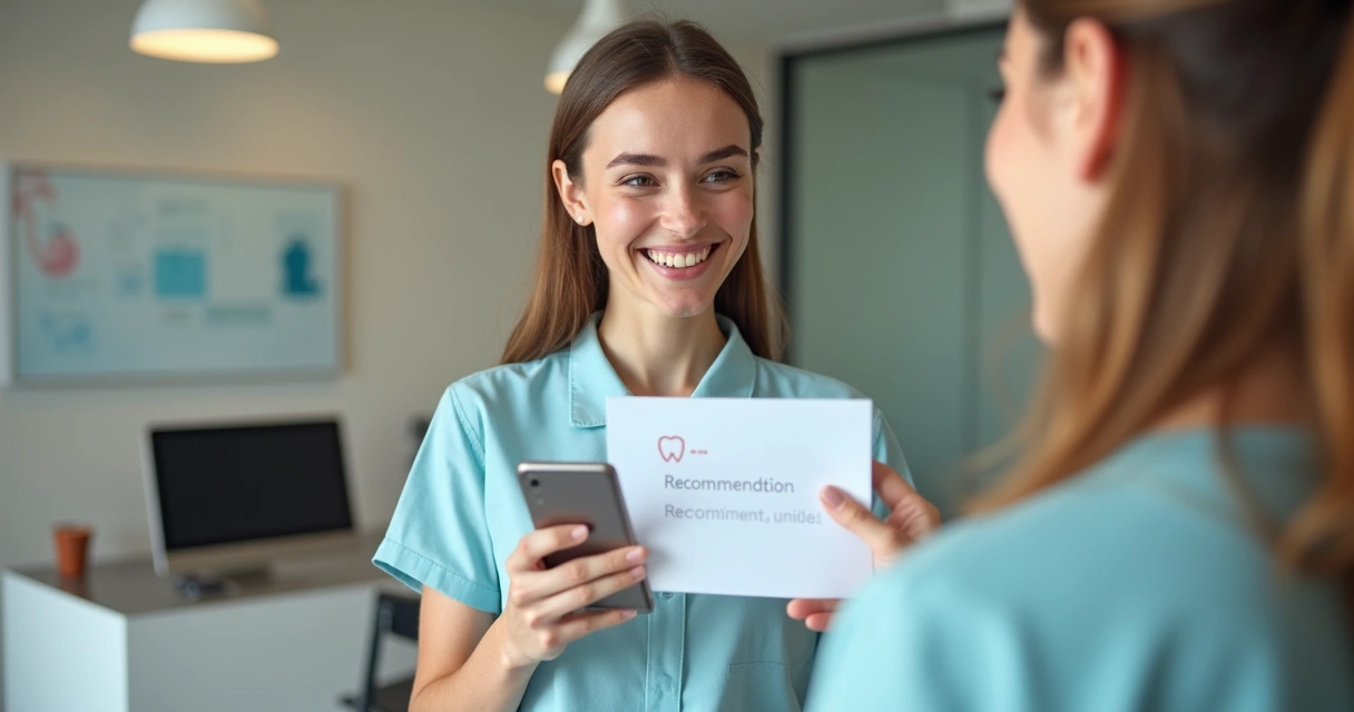 Paciente sorrindo segurando o celular, mostrando mensagem de recomendação para outra pessoa na recepção de uma clínica 