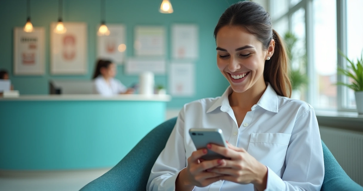 Paciente sorrindo em sala de espera segurando o celular conferindo mensagens de WhatsApp 