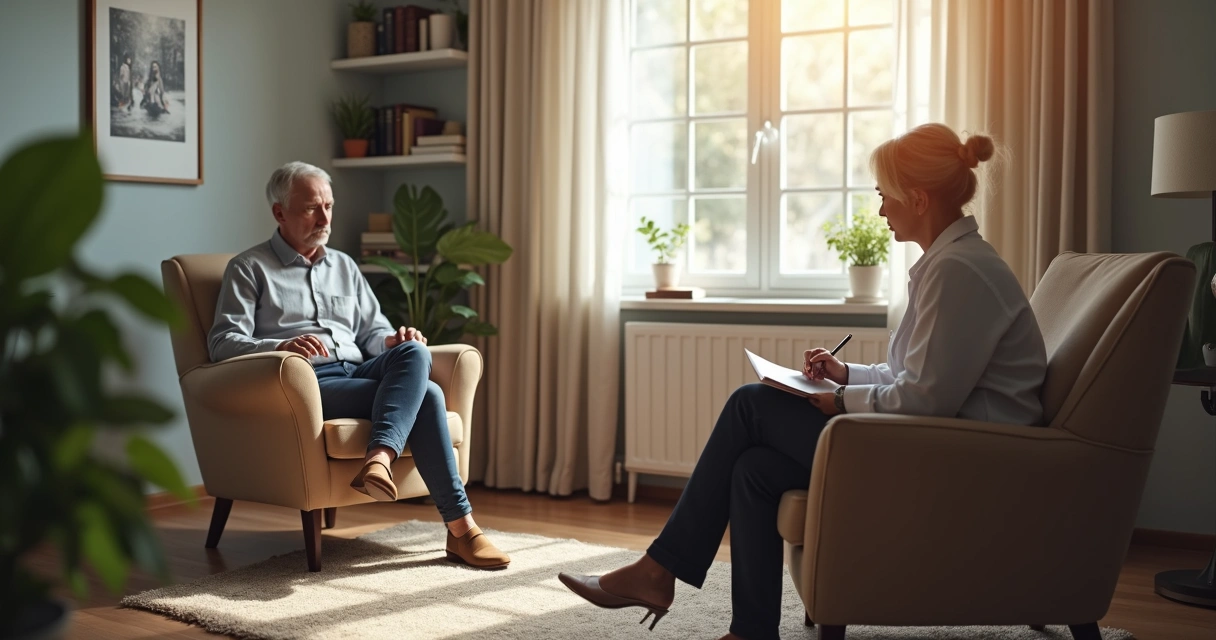 Pessoa sentada em consultório de psicologia participando de sessão de terapia 