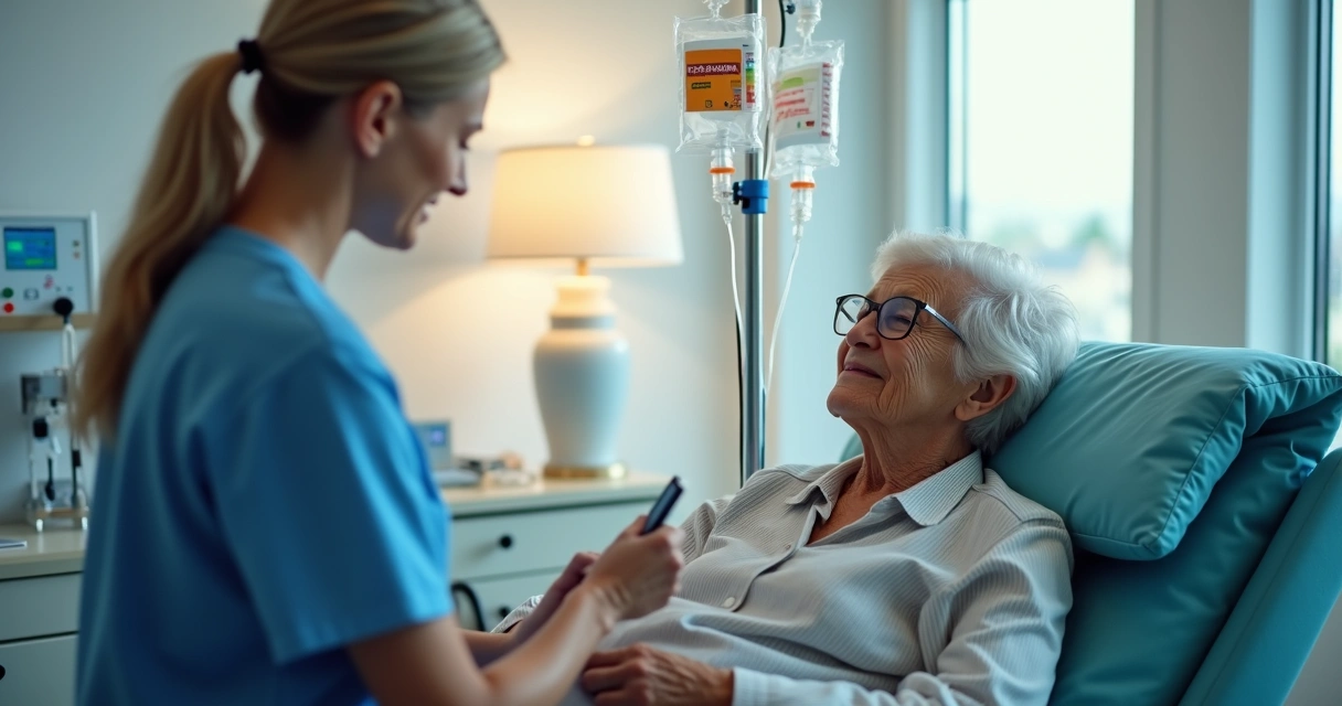 Paciente recebendo soroterapia em ambiente clínico moderno