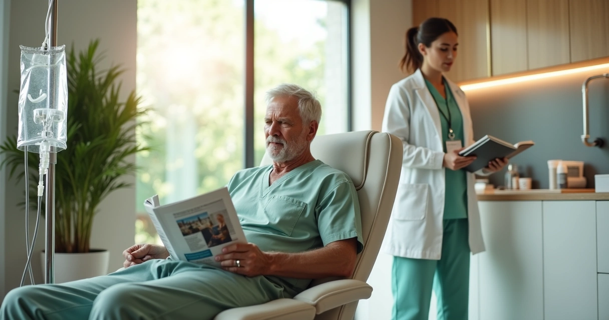 Paciente de meia-idade recebendo soroterapia em clínica moderna e acolhedora 