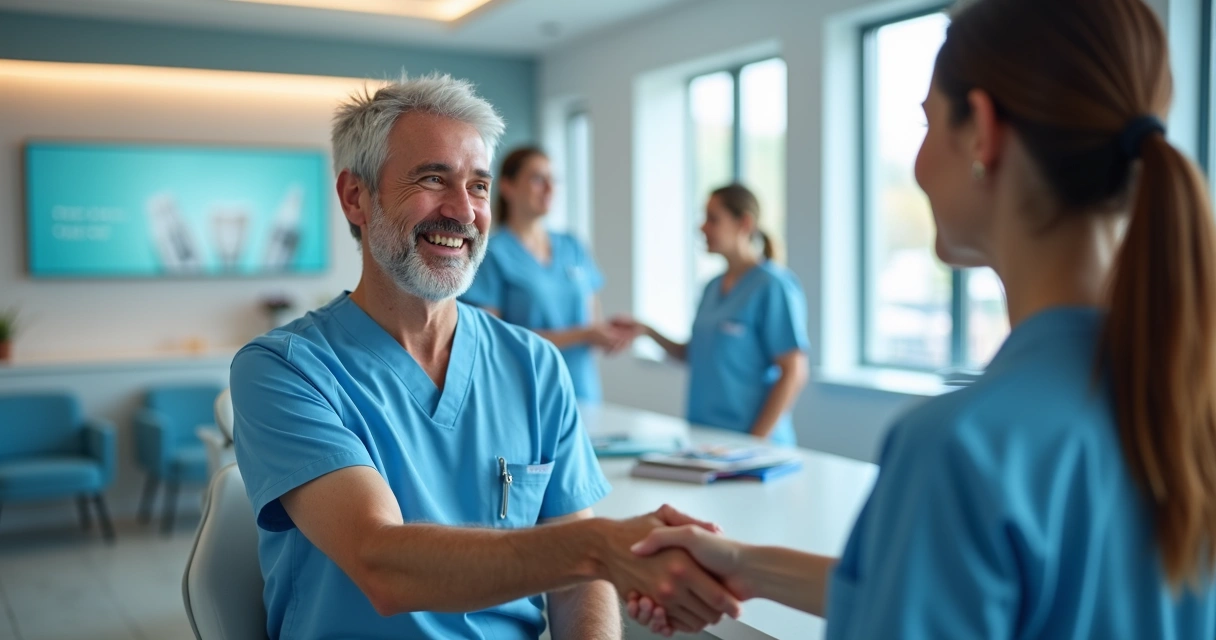 Paciente sorridente cumprimentando dentista 