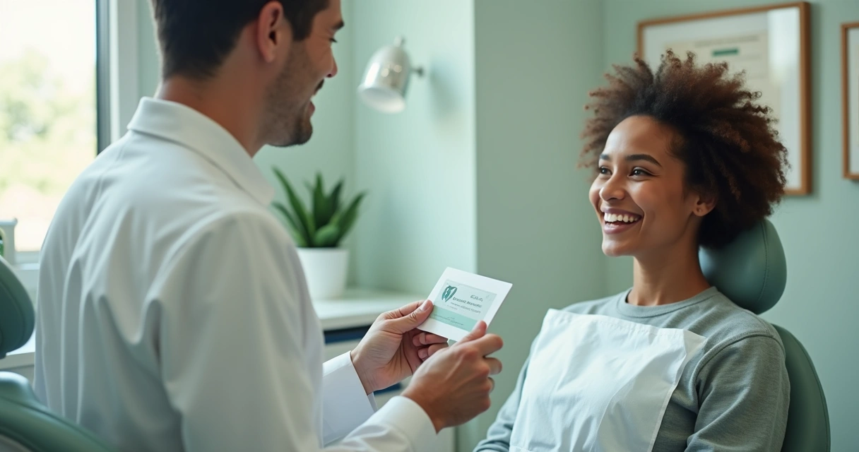 Paciente sorridente recebendo cartão de fidelidade odontológico 