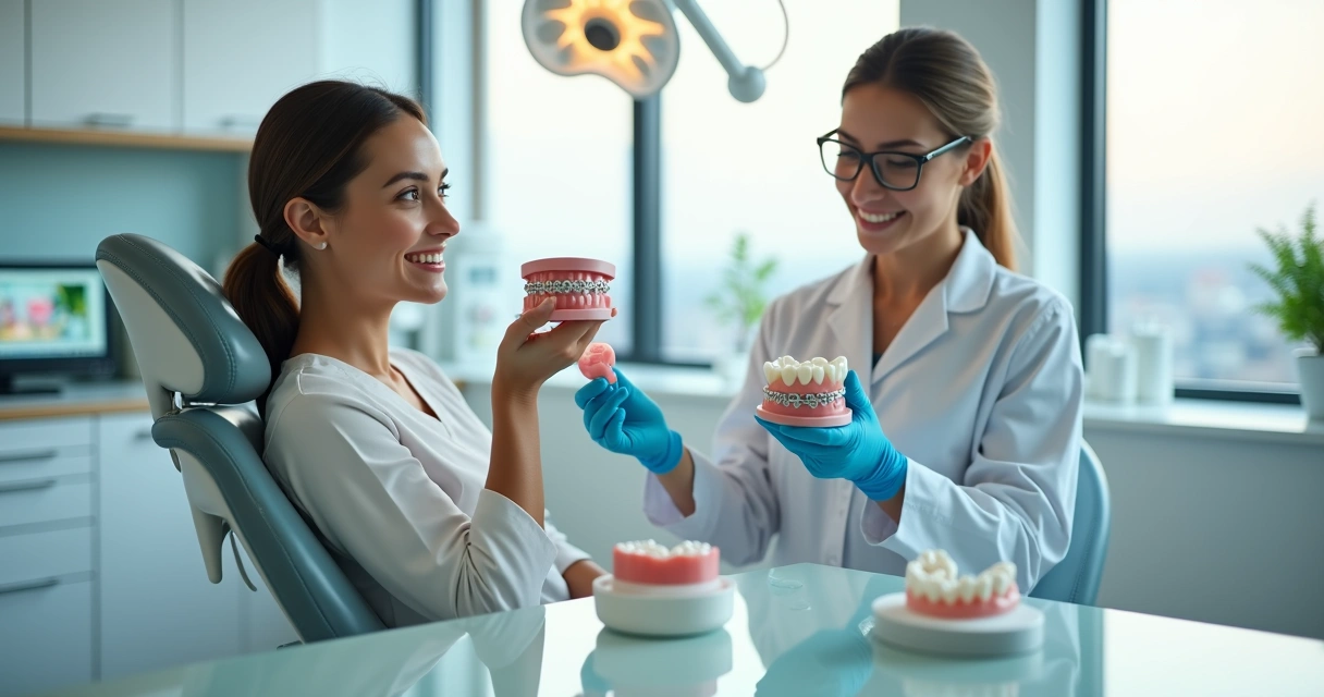 Dentista mostrando opções de aparelho fixo e alinhador transparente para paciente com dentes tortos 