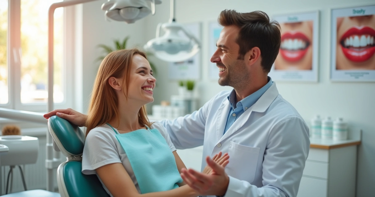 Paciente sorrindo em cadeira de clínica odontológica