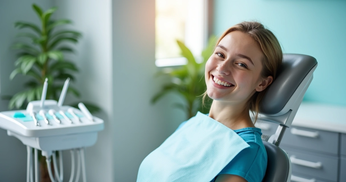 Paciente sorrindo em clínica odontológica moderna após atendimento
