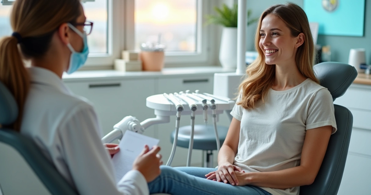 Paciente sorrindo em consulta odontológica, ambiente natural 
