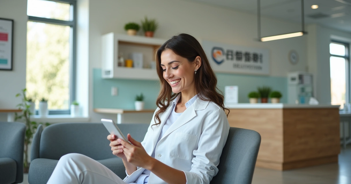 Paciente sorrindo na recepção do consultório aguardando ser chamado 
