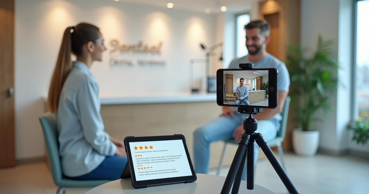 Paciente sorridente gravando depoimento em vídeo no consultório odontológico 