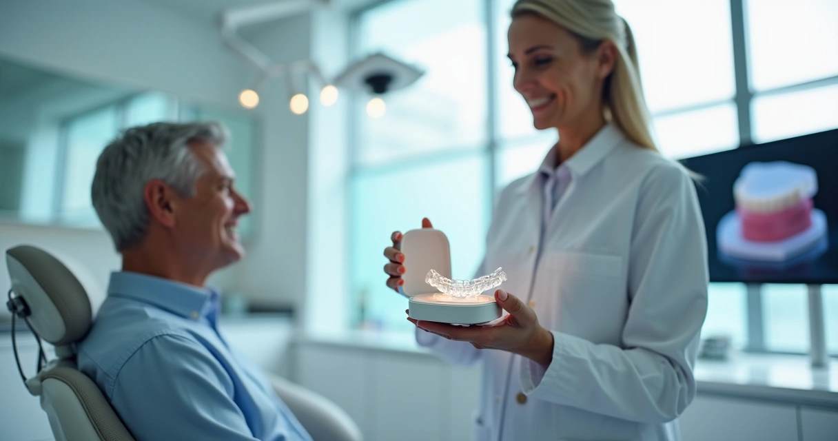 Dentista mostrando alinhador Invisalign transparente para paciente sorridente em consultório moderno 