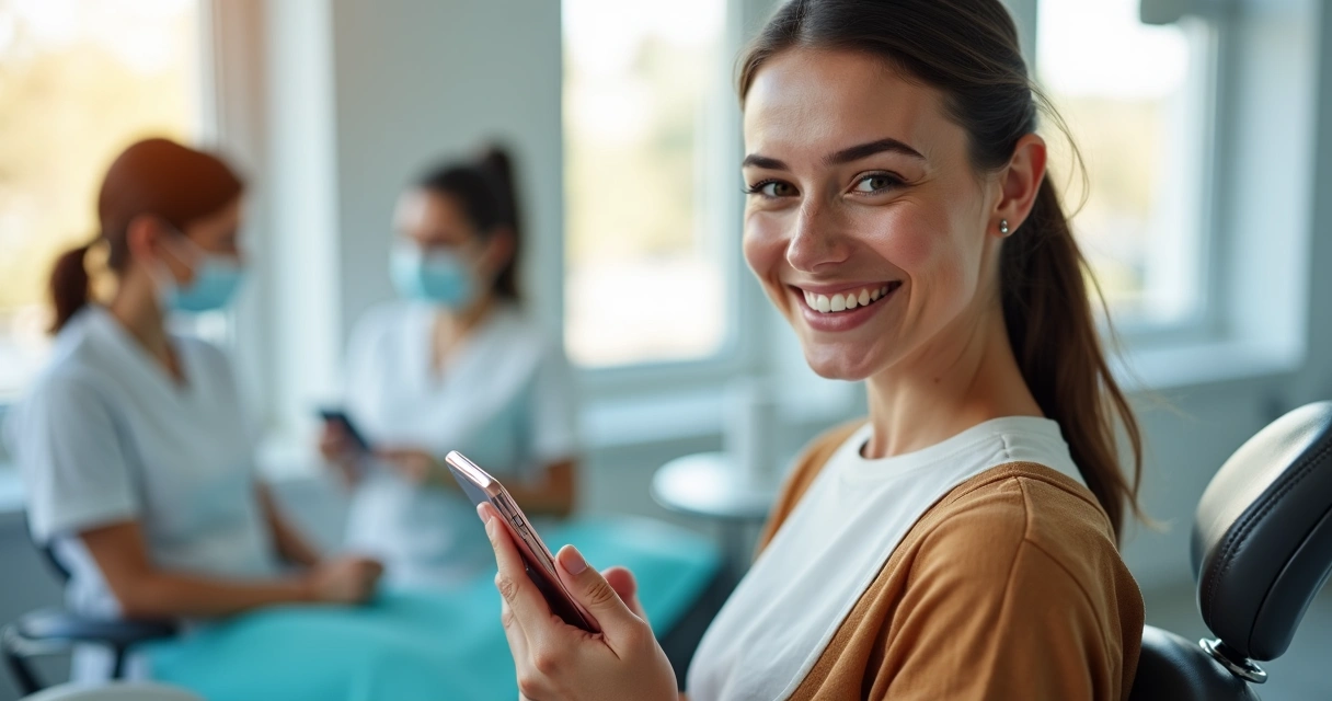 Paciente sorrindo em clínica odontológica 