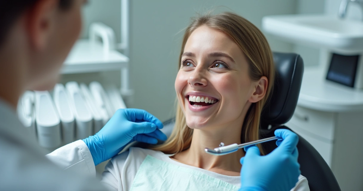 Paciente sorrindo em consultório odontológico 