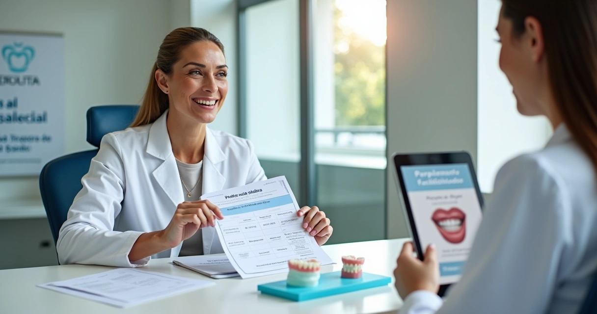 Dentista mostrando opções de prótese e parcelamento para paciente sorridente 