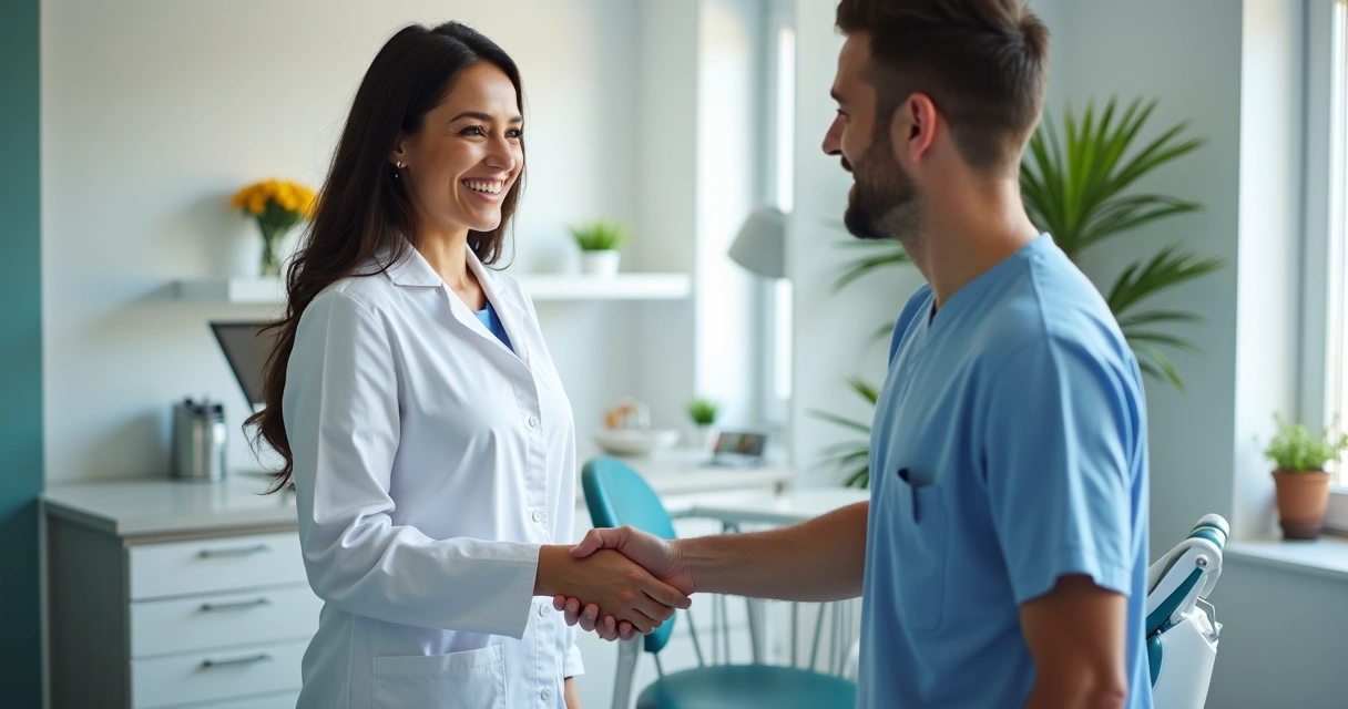Paciente sorrindo e apertando a mão do dentista após consulta de implante, clima de superação 