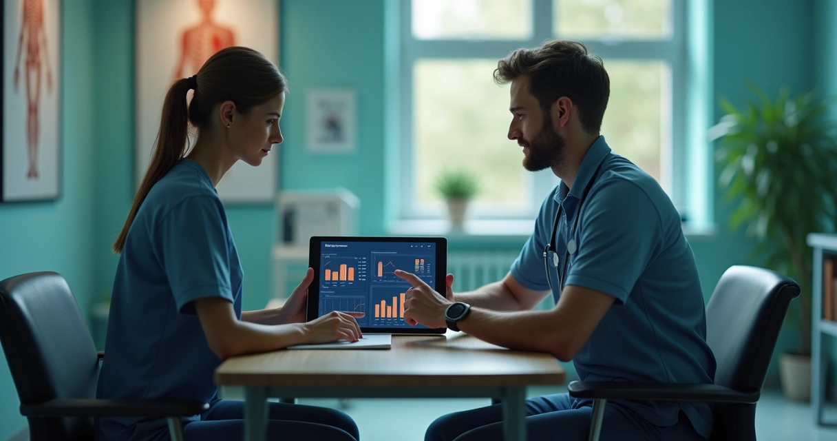 Terapeuta avaliando plano digital com paciente em ambiente de reabilitação 