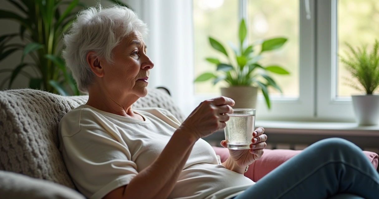 Paciente tomando comprimido sentado na sala de estar 