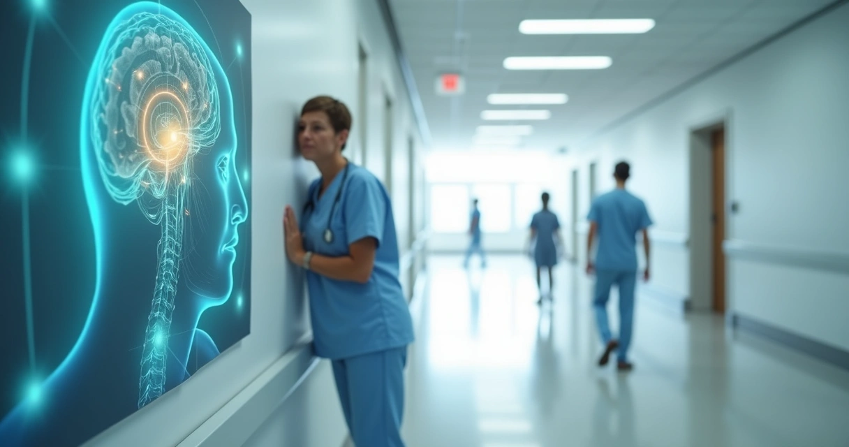 Adulto com tontura constante apoiado na parede do corredor de hospital 