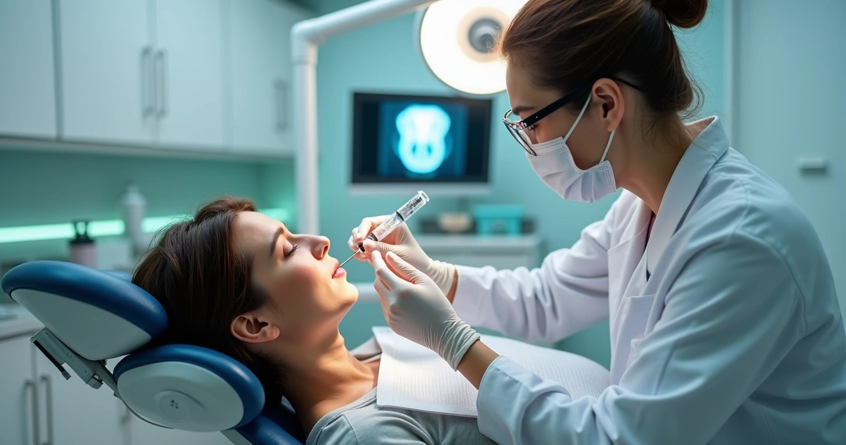 Paciente tranquilo recebendo anestesia odontológica em consultório moderno 