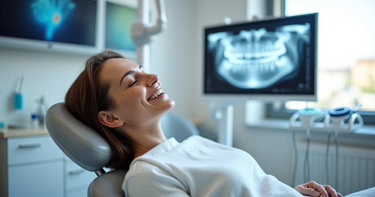 Paciente relaxado em cadeira odontológica após implante dentário bem-sucedido 