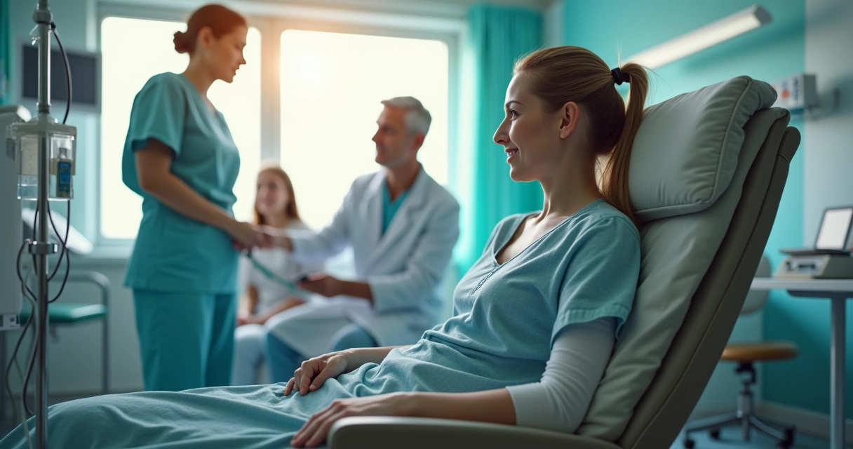 Paciente tomando infusão hospitalar de tocilizumabe