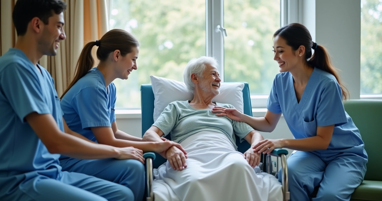 Paciente em tratamento de câncer com apoio da família e equipe de saúde 