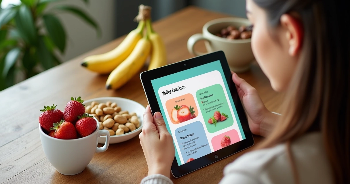 Pessoa usando aplicativo nutricional no tablet em mesa de trabalho 