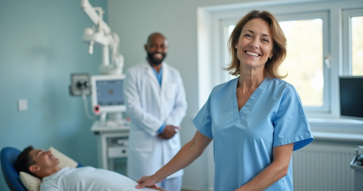 Paciente sorrindo após tratamento de varizes moderna 