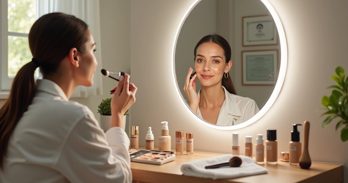 Pessoa com vitiligo aplicando maquiagem de camuflagem diante do espelho 
