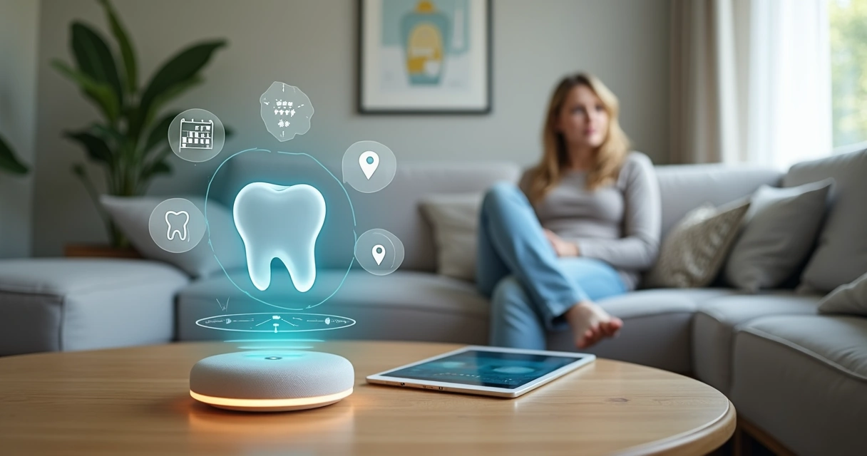 Paciente agendando consulta odontológica por comando de voz em casa 