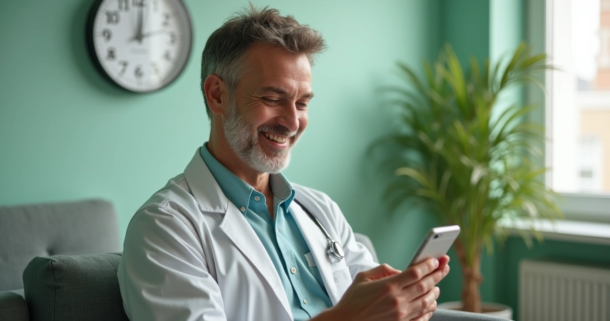 Paciente olhando o celular e sorrindo ao receber mensagem de confirmação de consulta 
