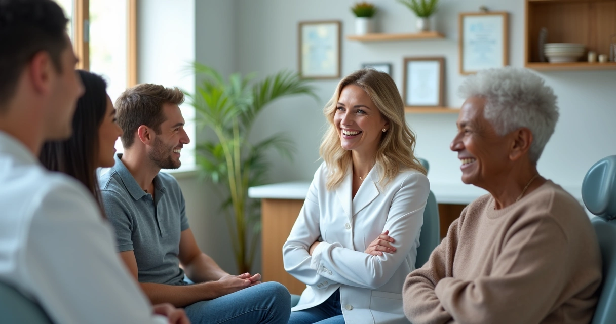Pacientes felizes aguardando em clínica odontológica decorada