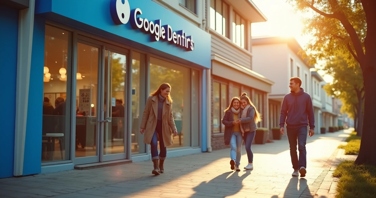 Pacientes felizes saindo de uma clínica odontológica destacada no Google Maps. 