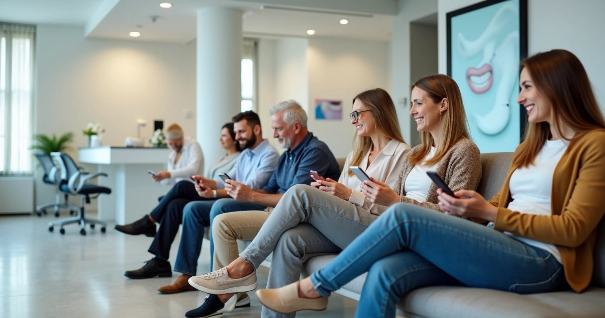 Pacientes felizes aguardando consulta em sala de espera de consultório odontológico, usando celular 