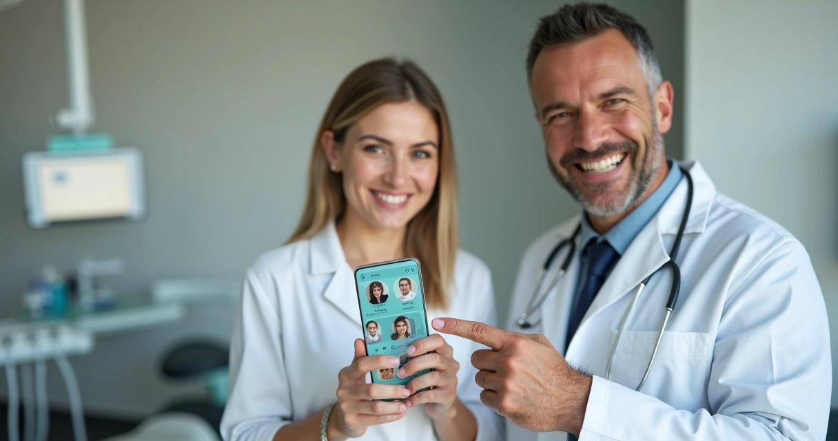 Paciente e dentista sorrindo juntos, segurando celular com grupo de WhatsApp na tela 
