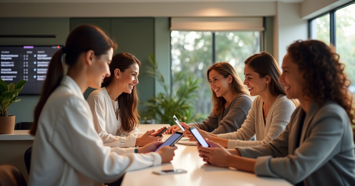 Pacientes felizes após agendamento digital na clínica 
