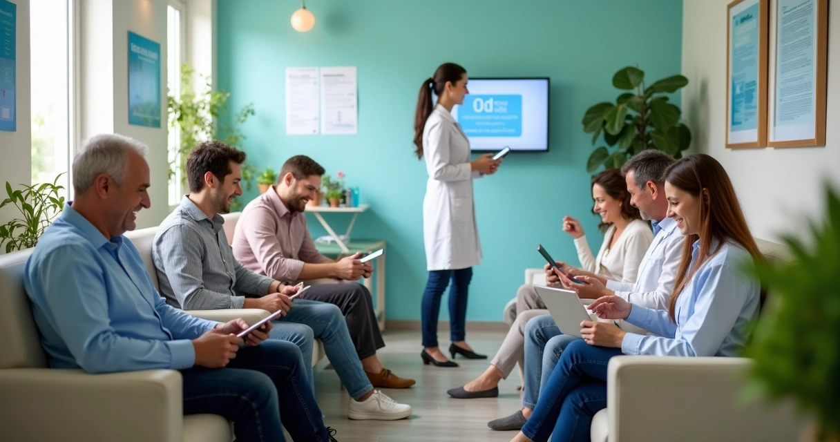 Grupo de pessoas sorrindo em uma sala de clínica moderna.